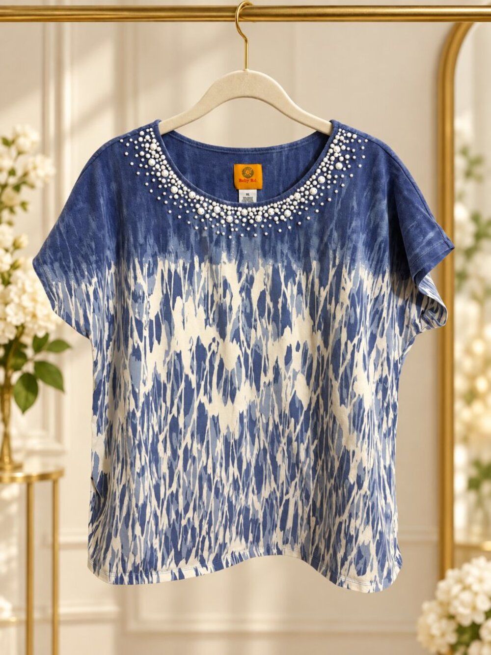 Ruby Rd XL Blue White Abstract Beaded Neck Short Sleeve Stretch Top